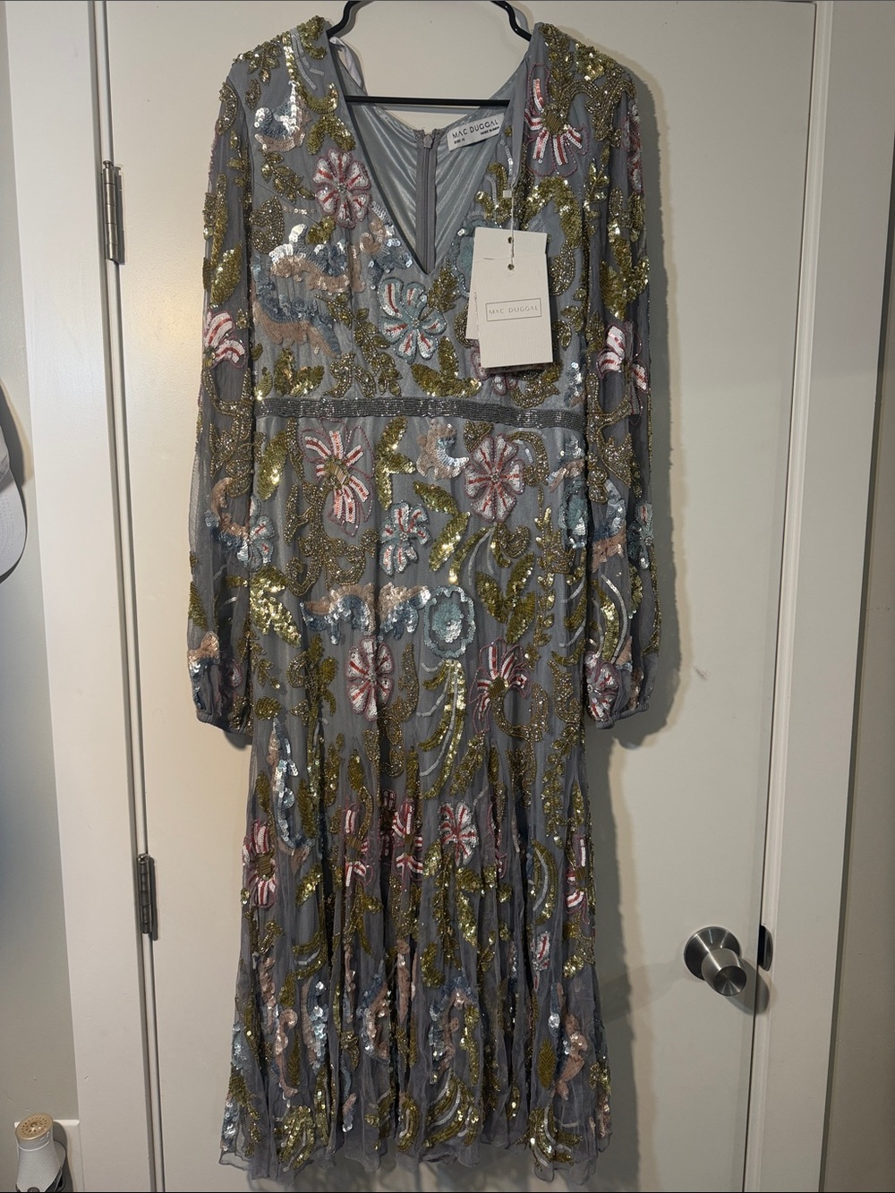 Mac Duggal Gray Beaded Floral V-Neck Long Sleeve Dress